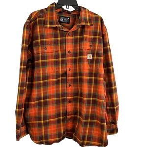 Carhartt Men's Large Loose Fit Heavyweight Flannel Orange Brown Plaid Utility